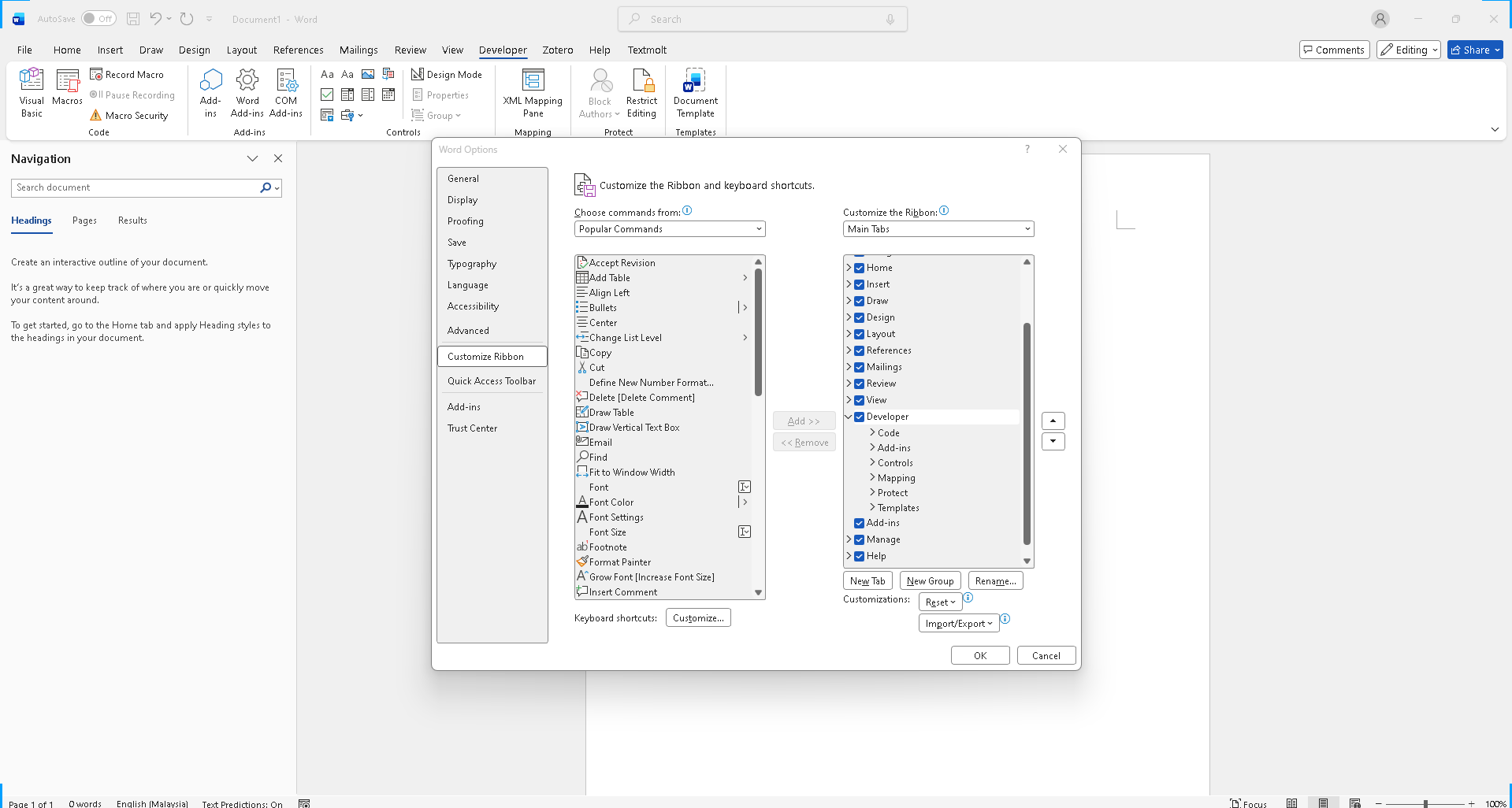 Word Options dialog showing how to enable the Developer tab