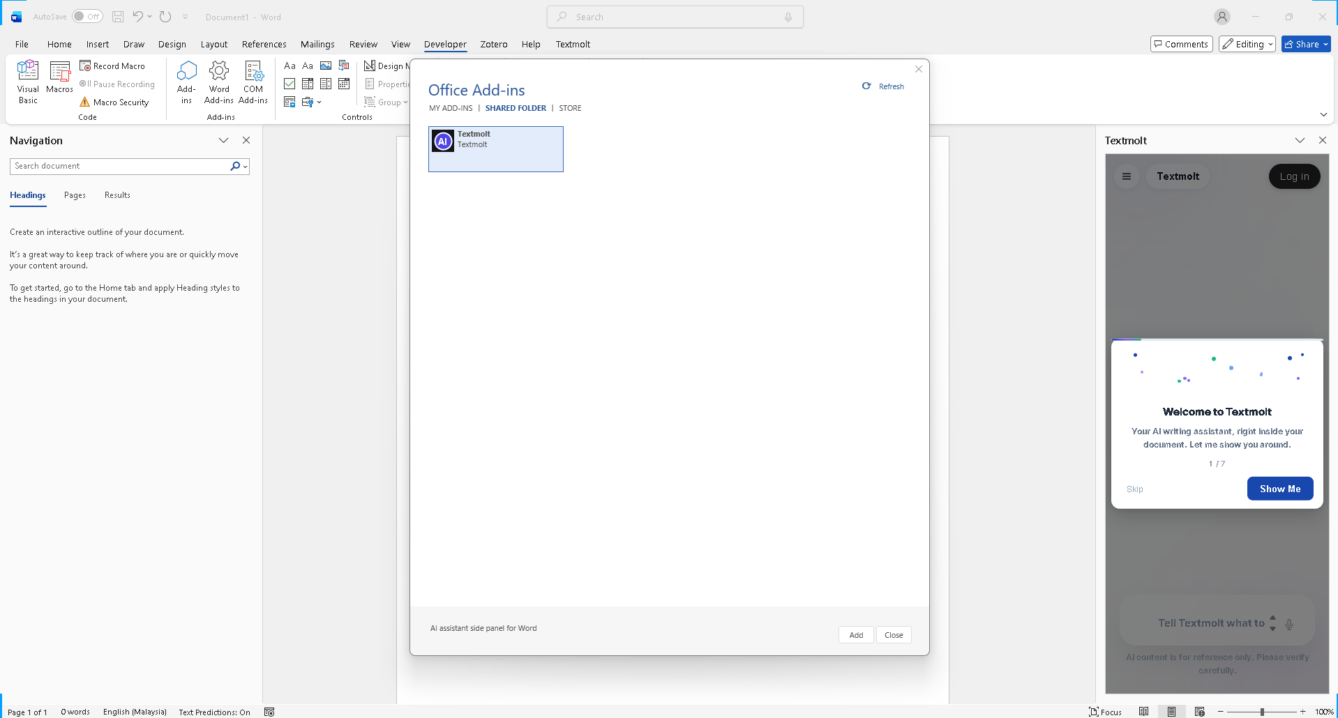 Office Add-ins dialog with Textmolt in the Shared Folder tab
